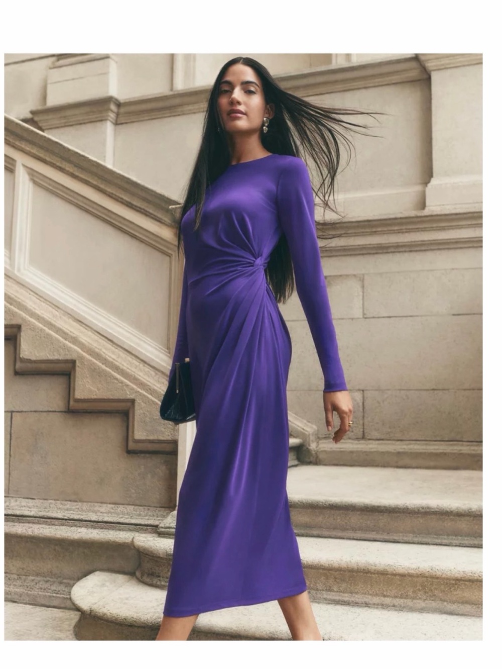 Ann Taylor Purple Crew Neck Long-Sleeve Twist Midi Dress